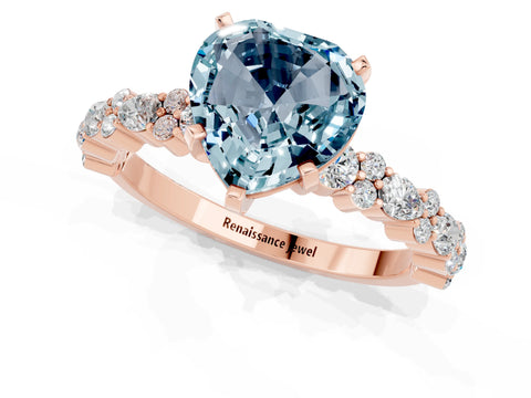 Rose gold Heart Cut Aquamarine Solitaire with Side Stones, Pave Band, Four-Prong Setting_37