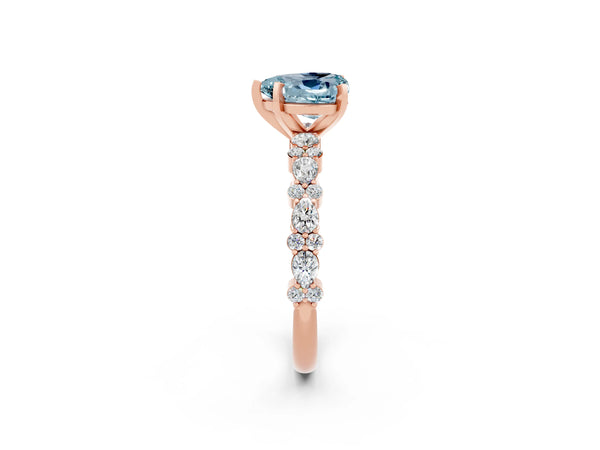 Rose gold Heart Cut Aquamarine Side Stone Solitaire Ring with Round  and Four-Prong Setting