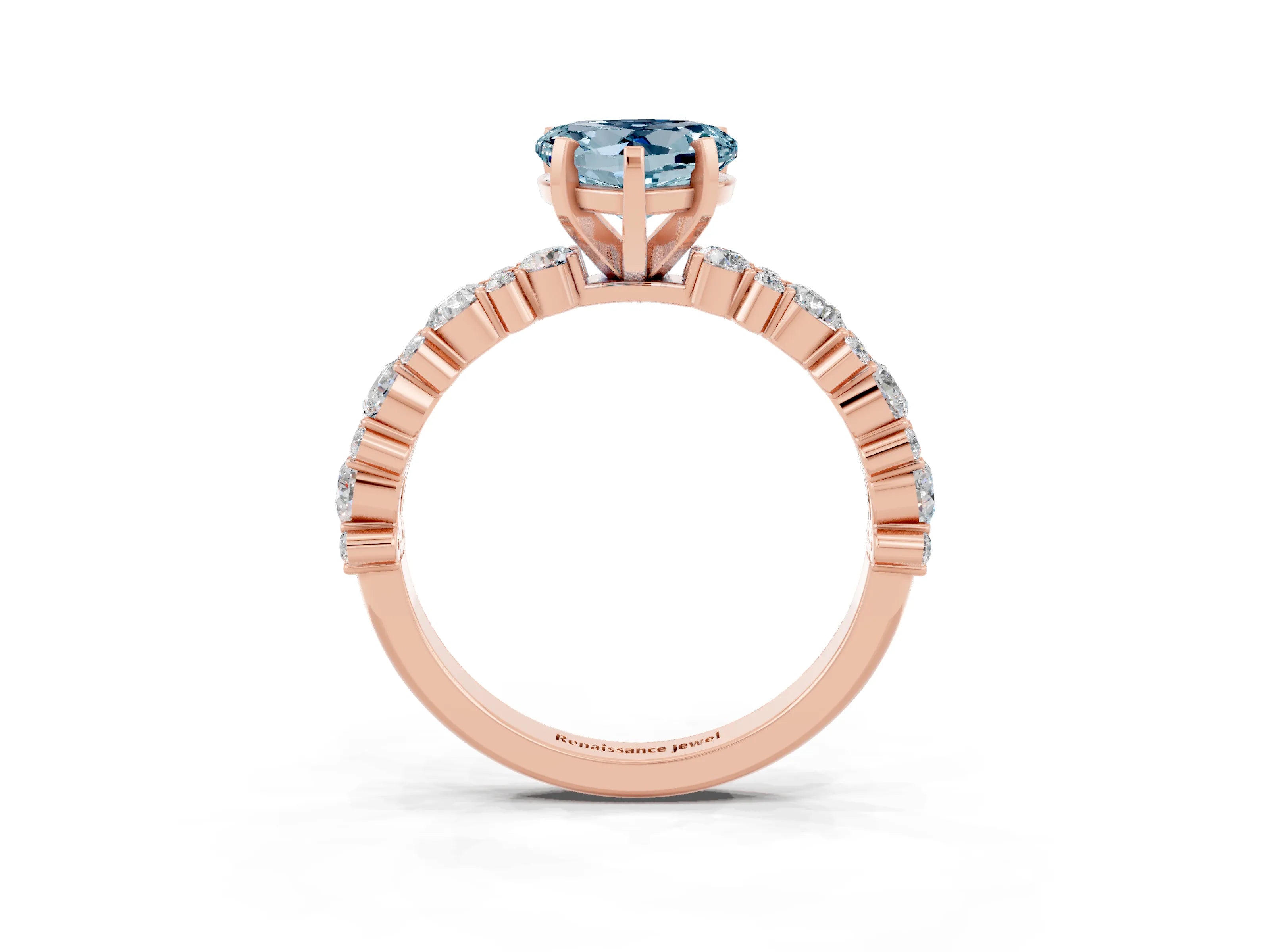 Rose gold Heart Cut Aquamarine Solitaire with Side Stones, Pave Band, Four-Prong Setting_39