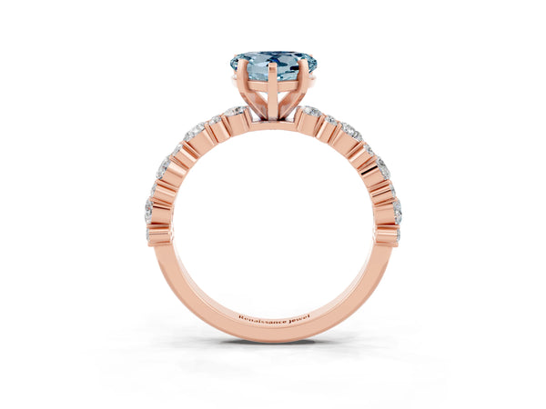 Rose gold Heart Cut Aquamarine Side Stone Solitaire Ring with Round  and Four-Prong Setting