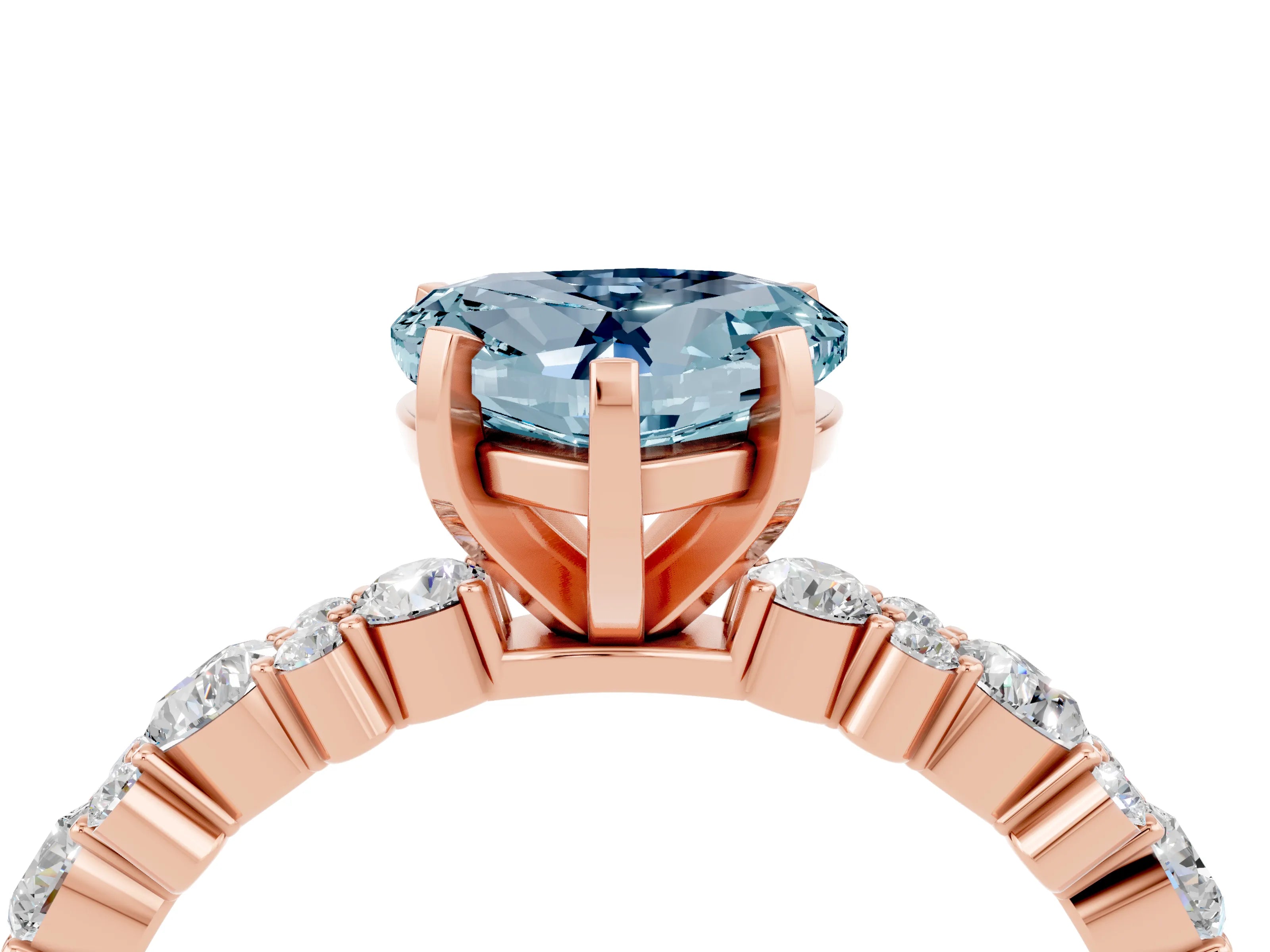 Rose gold Heart Cut Aquamarine Solitaire with Side Stones, Pave Band, Four-Prong Setting_40