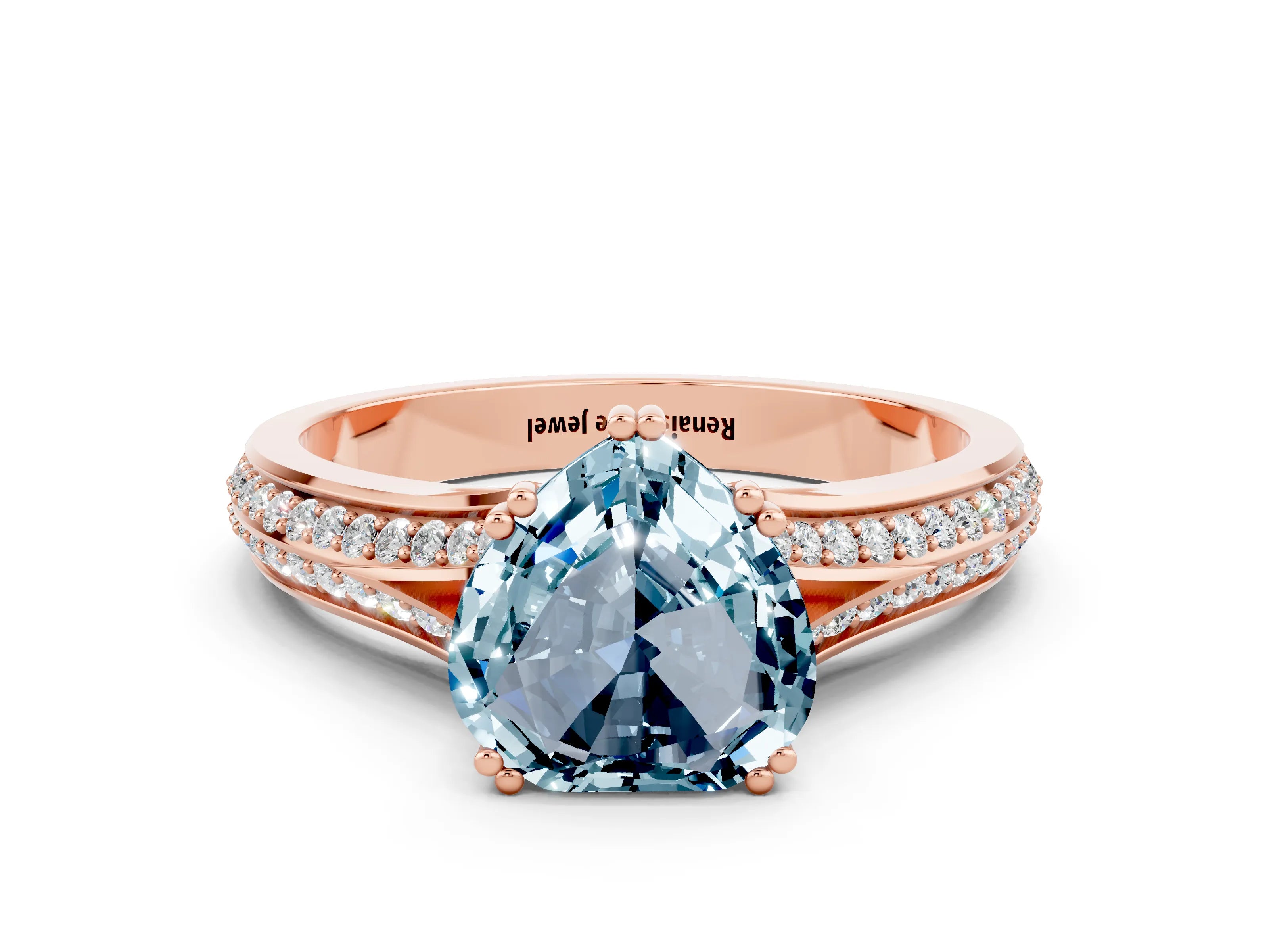 Rose gold Heart Cut Aquamarine Split Shank Engagement Ring with Pavé Band