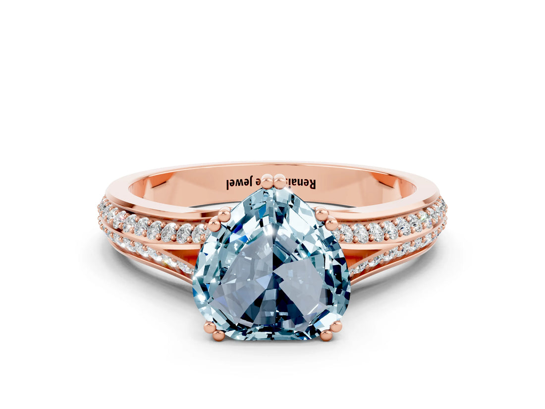 Rose gold Heart Cut Aquamarine Split Shank Engagement Ring with Pavé Band