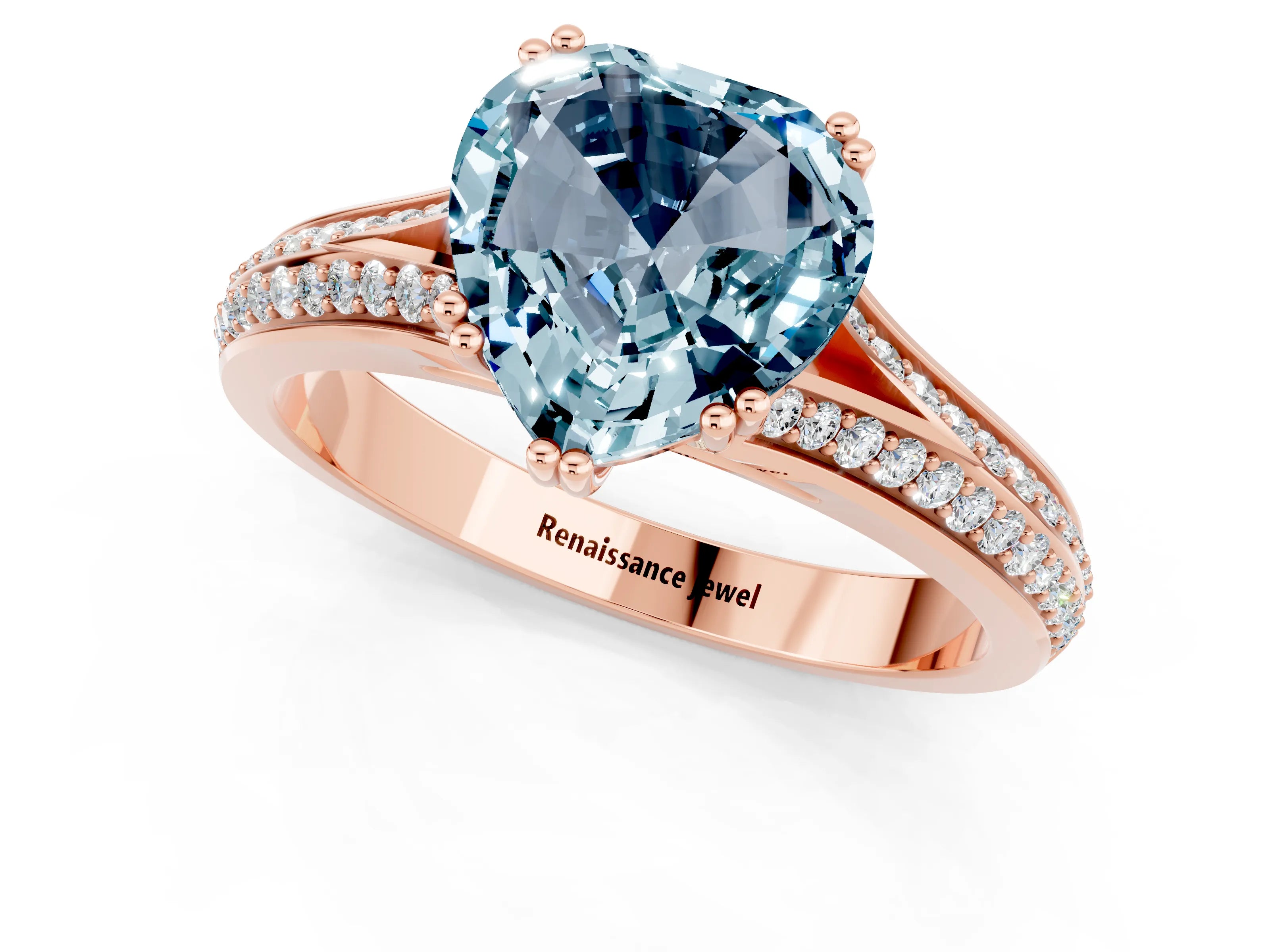 Rose gold Heart Cut Aquamarine Split Shank Engagement Ring with Pavé Band_1
