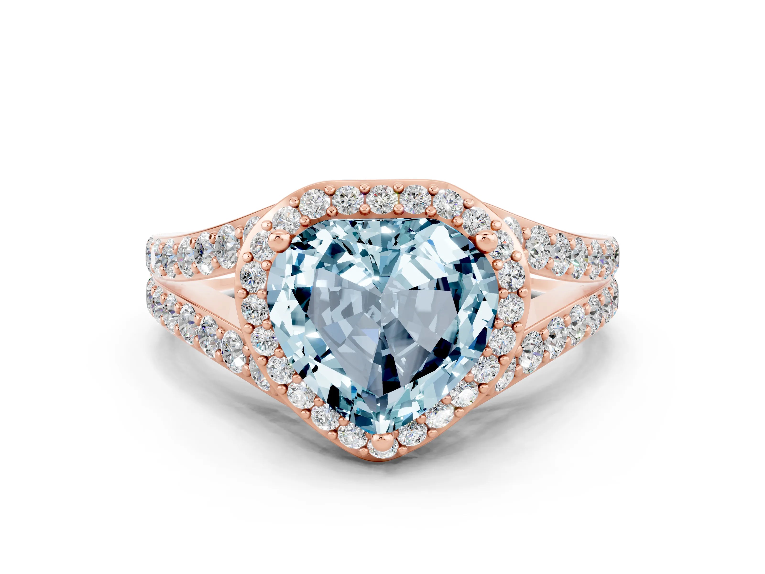 Rose gold Heart Cut Aquamarine Split Shank Halo Ring with Four-Prong Setting_12