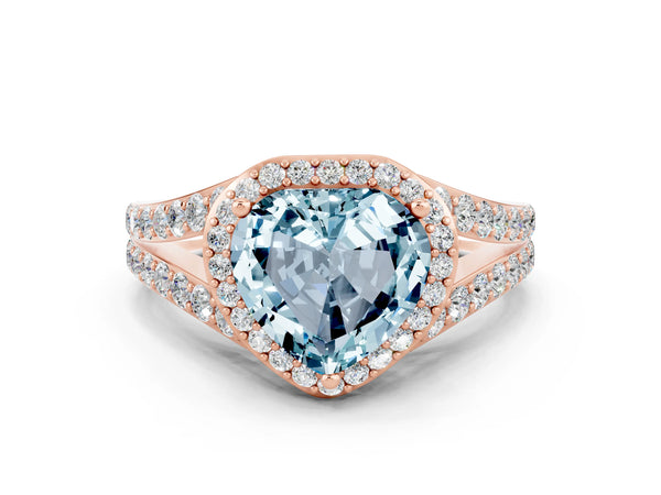 Rose gold Heart Cut Aquamarine Split Shank Halo Ring with Four-Prong Setting