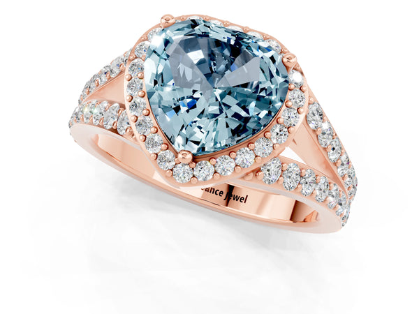Rose gold Heart Cut Aquamarine Split Shank Halo Ring with Four-Prong Setting