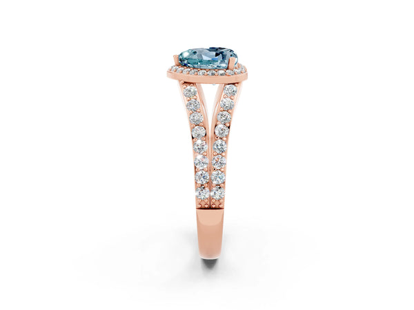 Rose gold Heart Cut Aquamarine Split Shank Halo Ring with Four-Prong Setting