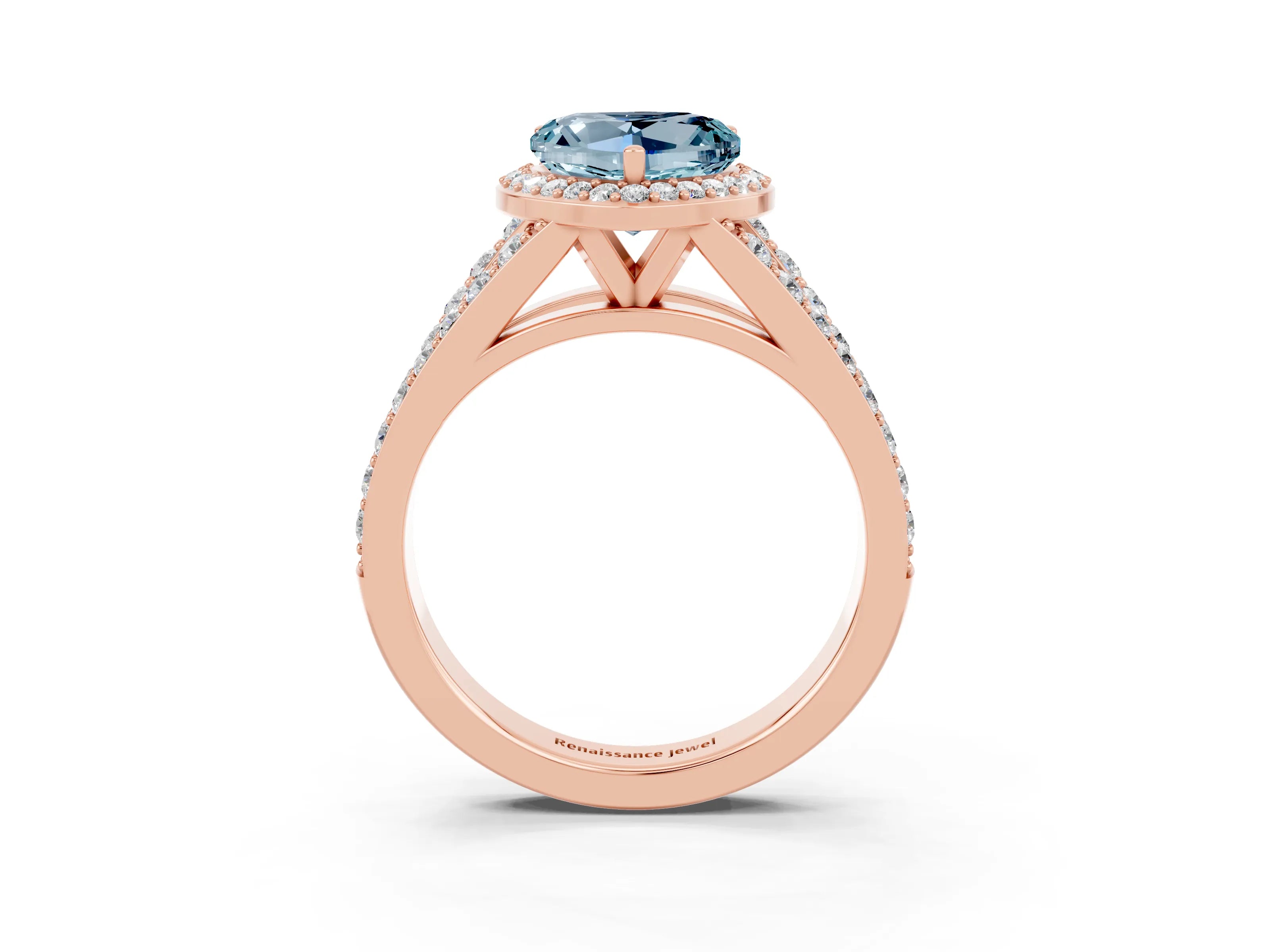 Rose gold Heart Cut Aquamarine Split Shank Halo Ring with Four-Prong Setting_15