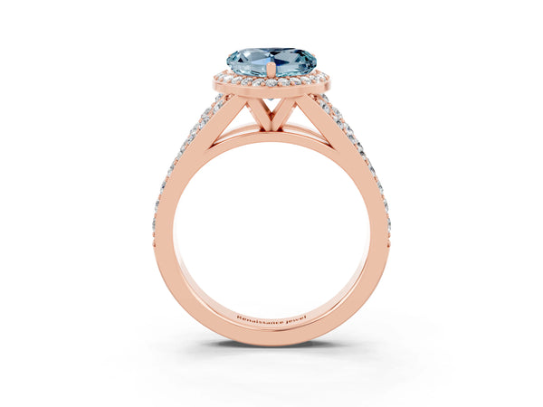 Rose gold Heart Cut Aquamarine Split Shank Halo Ring with Four-Prong Setting