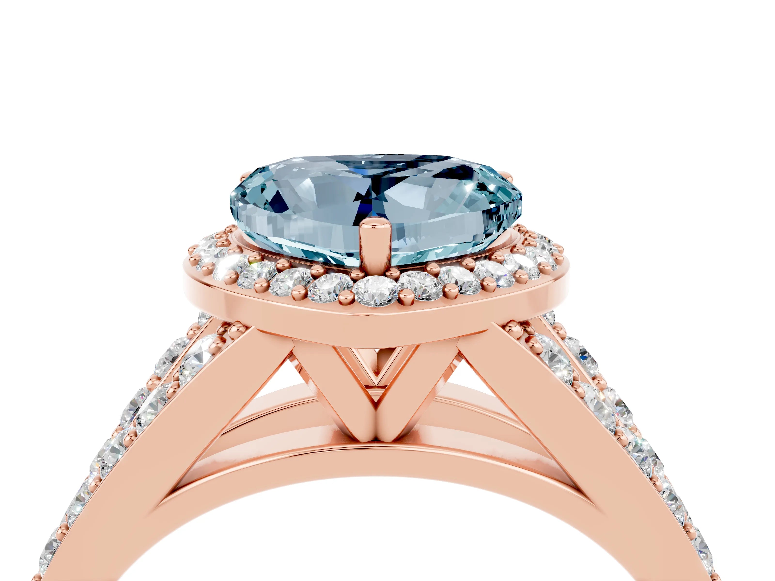 Rose gold Heart Cut Aquamarine Split Shank Halo Ring with Four-Prong Setting_16
