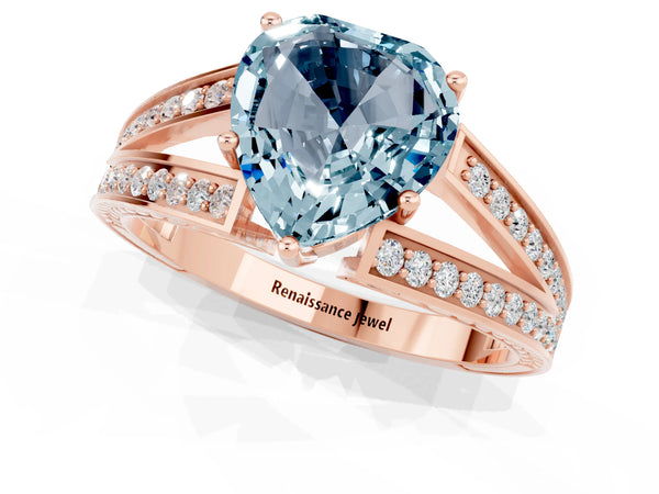 Rose gold Heart Cut Aquamarine Split Shank Ring with Pavé Band and Four-Prong Setting