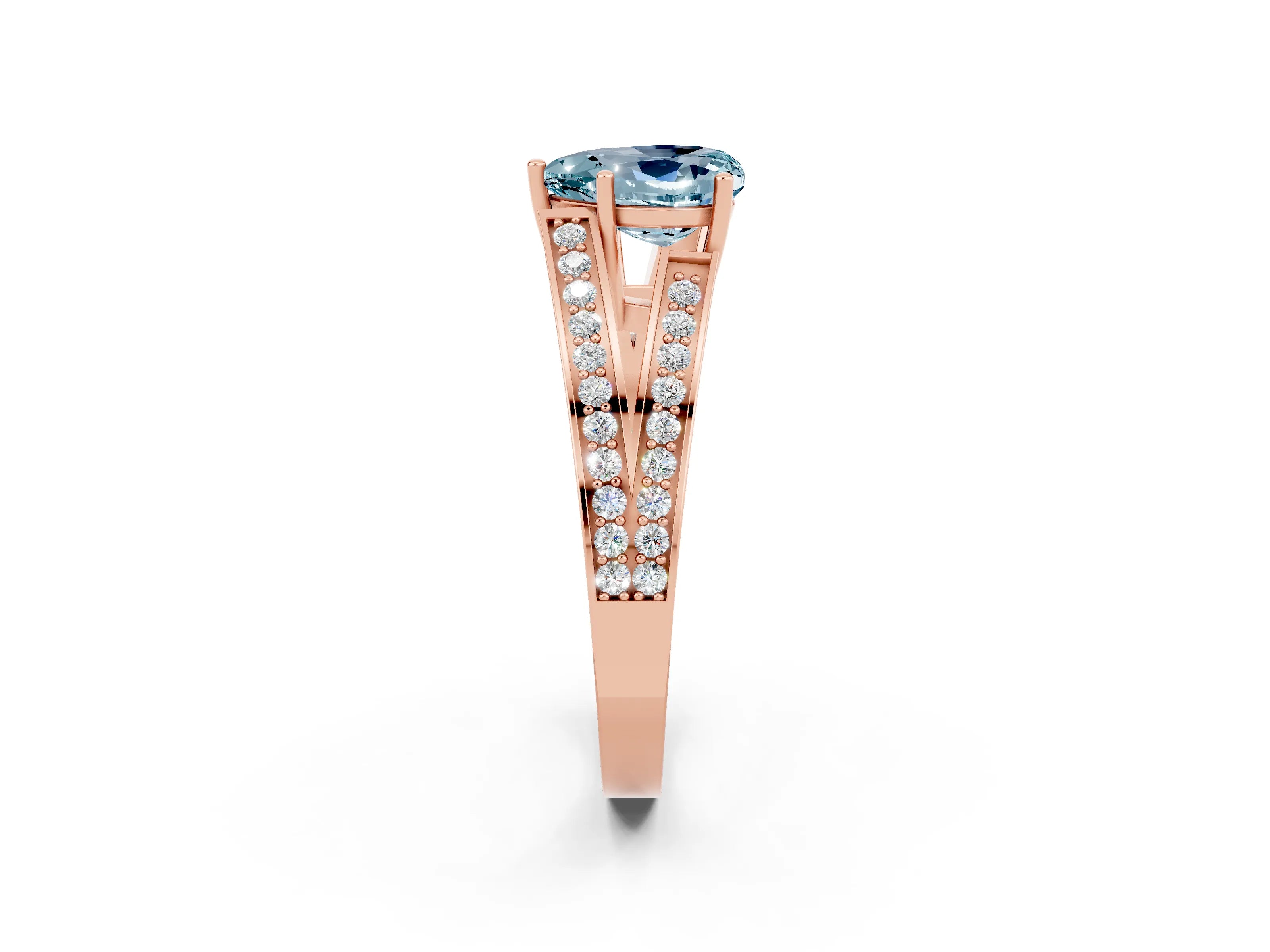 Rose gold Heart Cut Aquamarine Split Shank Ring with Pavé Band and Four-Prong Setting_2