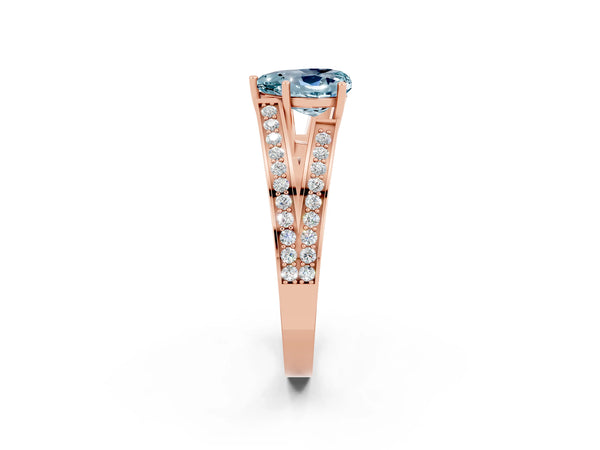 Rose gold Heart Cut Aquamarine Split Shank Ring with Pavé Band and Four-Prong Setting
