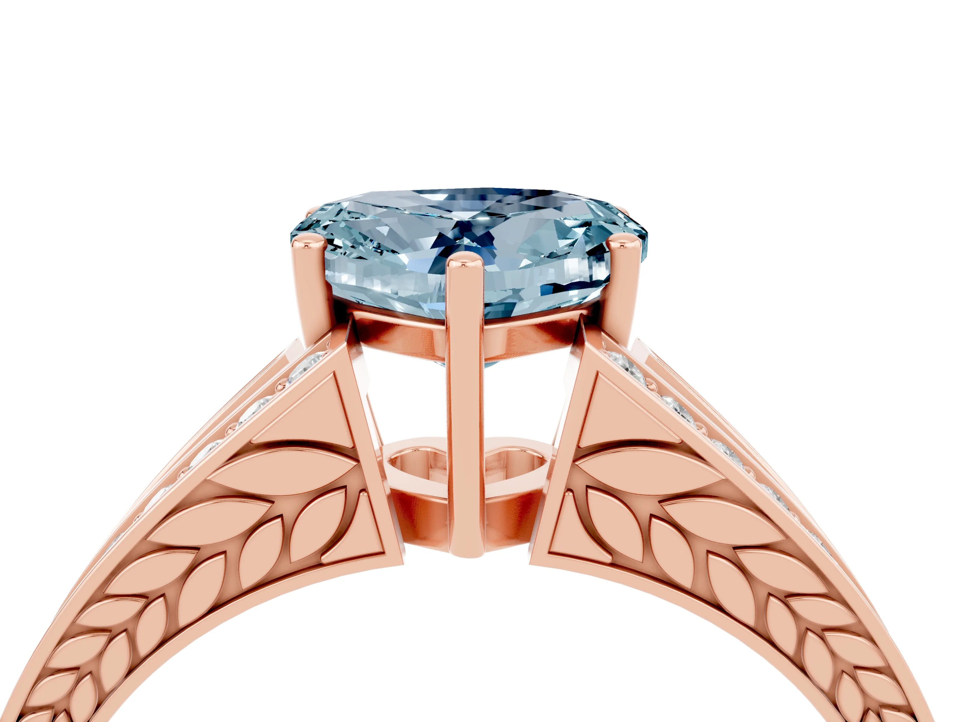 Rose gold Heart Cut Aquamarine Split Shank Ring with Pavé Band and Four-Prong Setting_4