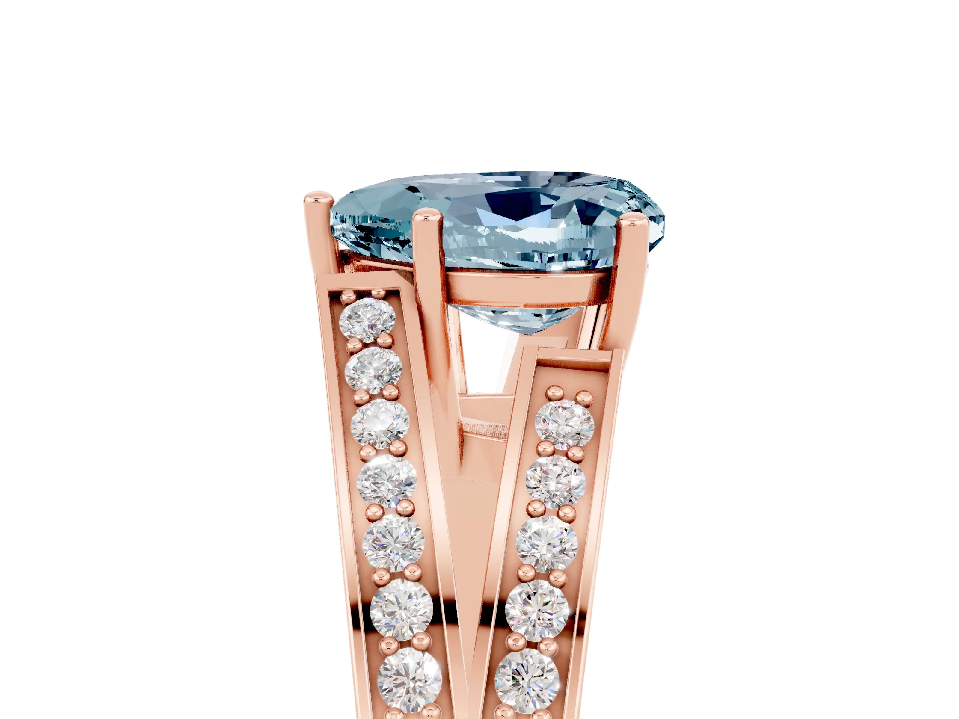 Rose gold Heart Cut Aquamarine Split Shank Ring with Pavé Band and Four-Prong Setting_5