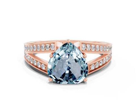 Rose gold Heart Cut Aquamarine Split Shank Ring with Pavé Band and Four-Prong Setting