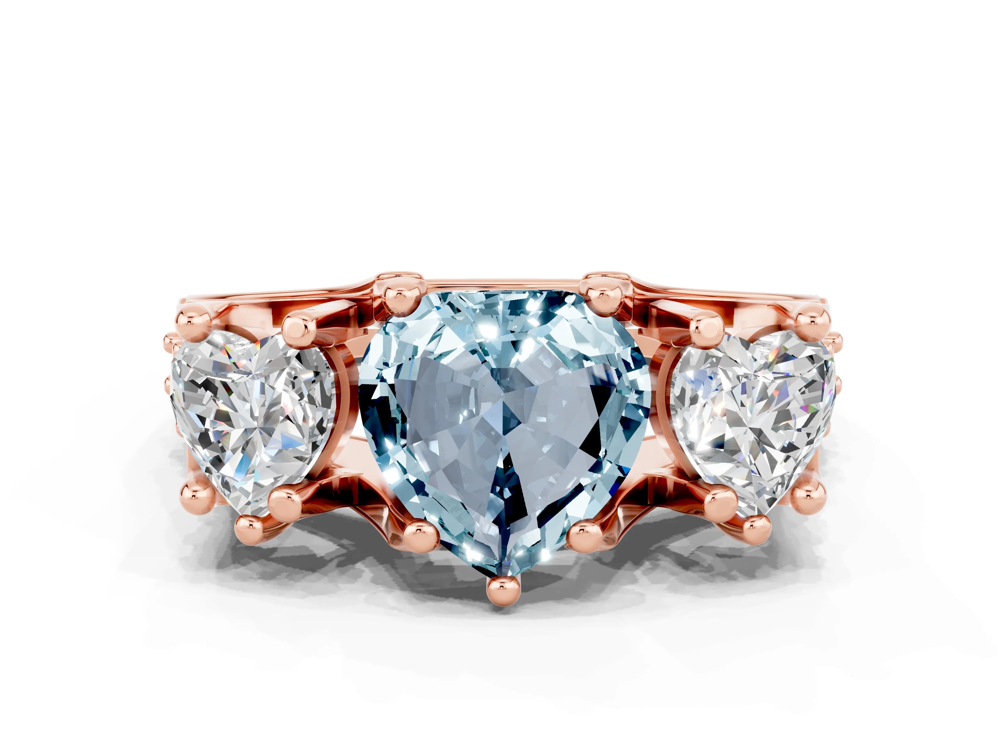 Rose gold Heart Cut Aquamarine Three-Stone Ring with Channel Set Band and Four-Prong Setting