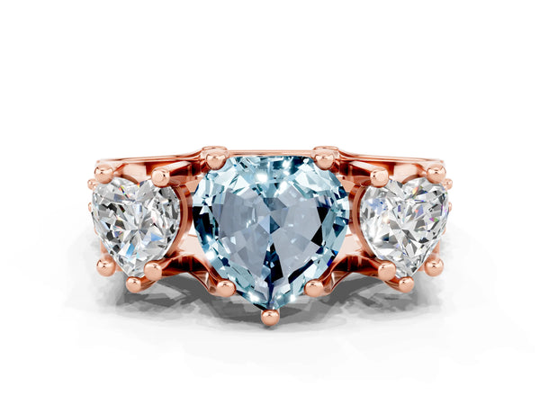 Rose gold Heart Cut Aquamarine Three-Stone Ring with Channel Set Band and Four-Prong Setting