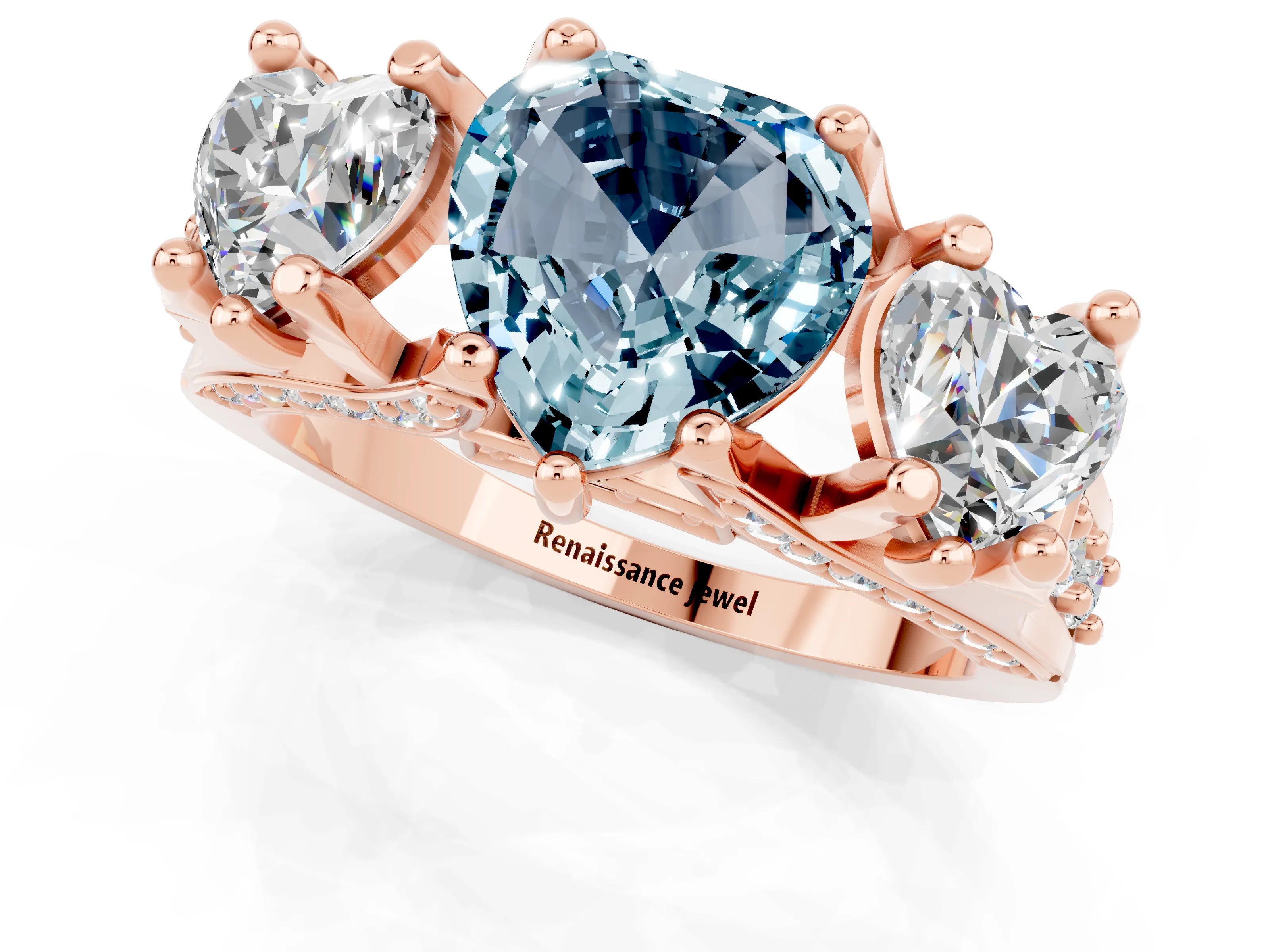 Rose gold Heart Cut Aquamarine Three-Stone Ring with Channel Set Band and Four-Prong Setting_1