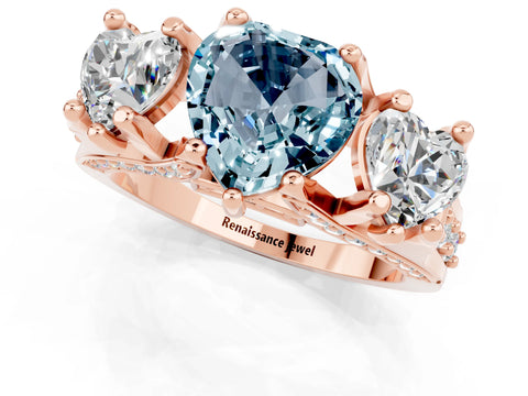 Rose gold Heart Cut Aquamarine Three-Stone Ring with Channel Set Band and Four-Prong Setting_1