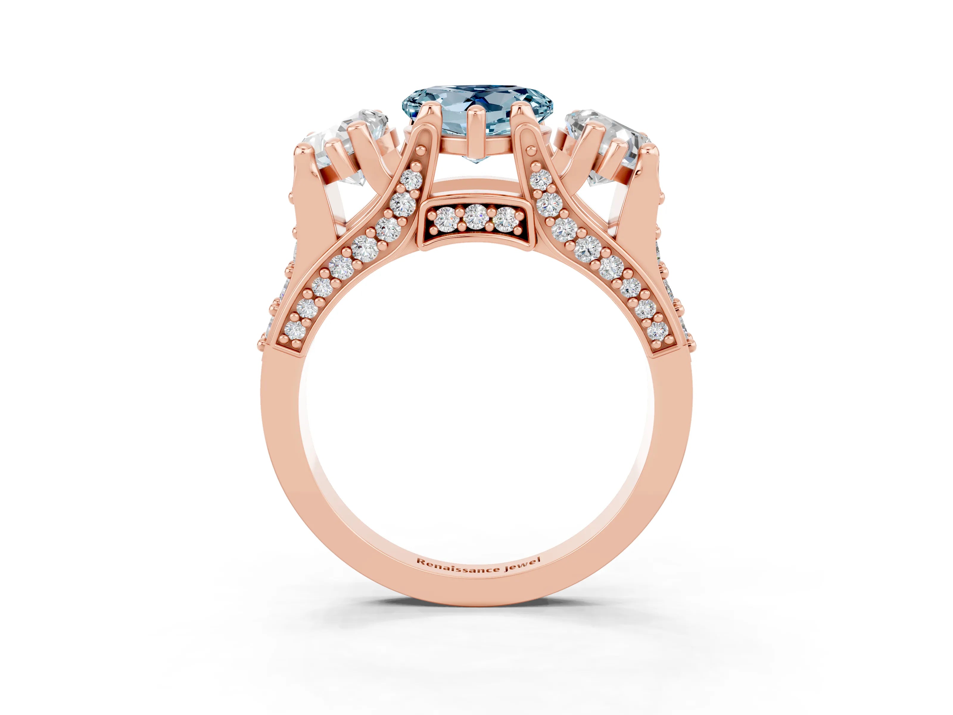 Rose gold Heart Cut Aquamarine Three-Stone Ring with Channel Set Band and Four-Prong Setting_3