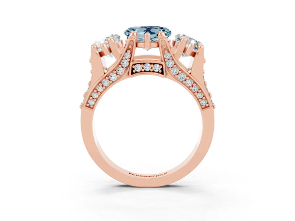 Rose gold Heart Cut Aquamarine Three-Stone Ring with Channel Set Band and Four-Prong Setting