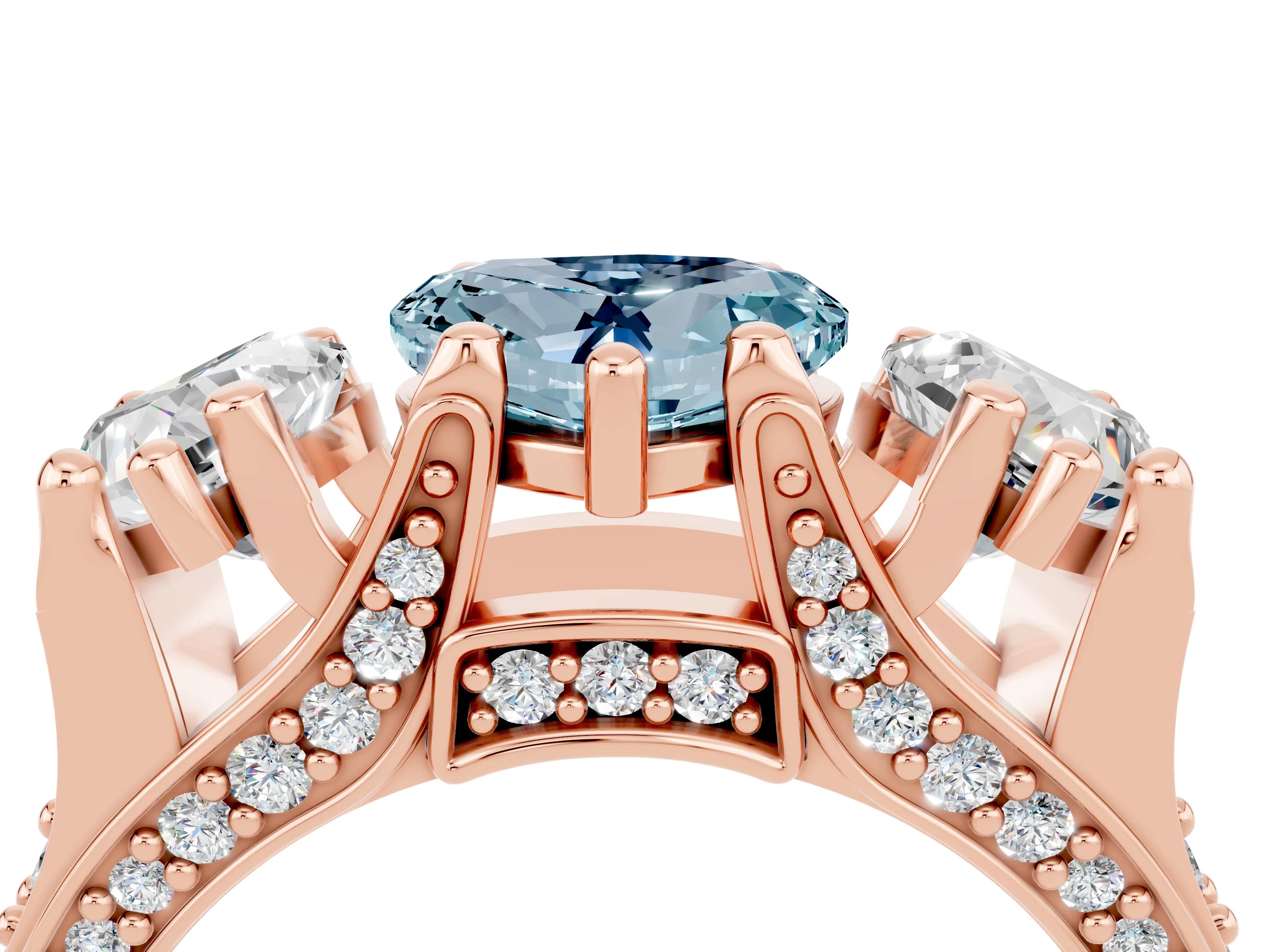Rose gold Heart Cut Aquamarine Three-Stone Ring with Channel Set Band and Four-Prong Setting_4