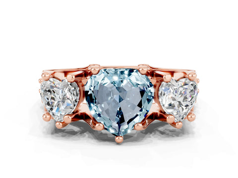 Rose gold Heart Cut Aquamarine Three-Stone Ring with Channel Set Band and Four-Prong Setting