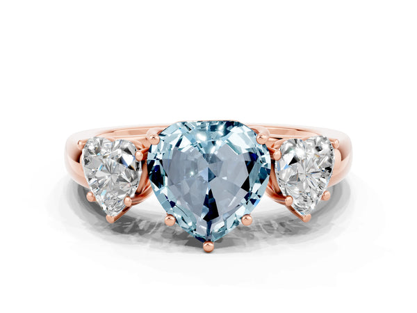 Rose gold Heart Cut Aquamarine Three-Stone Ring with Four-Prong Setting and Classic Band