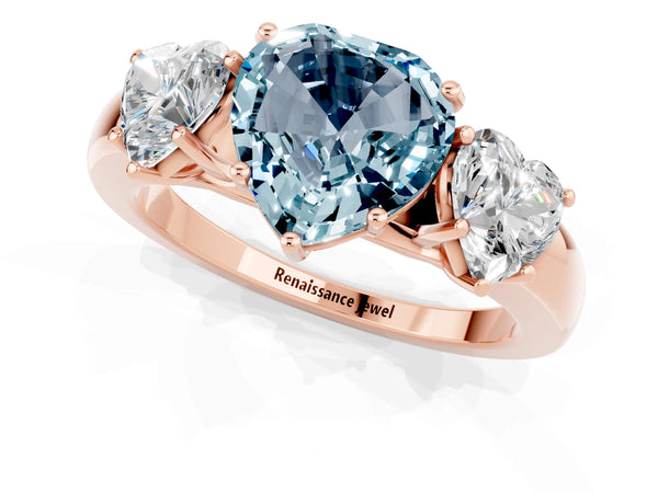 Rose gold Heart Cut Aquamarine Three-Stone Ring with Four-Prong Setting and Classic Band