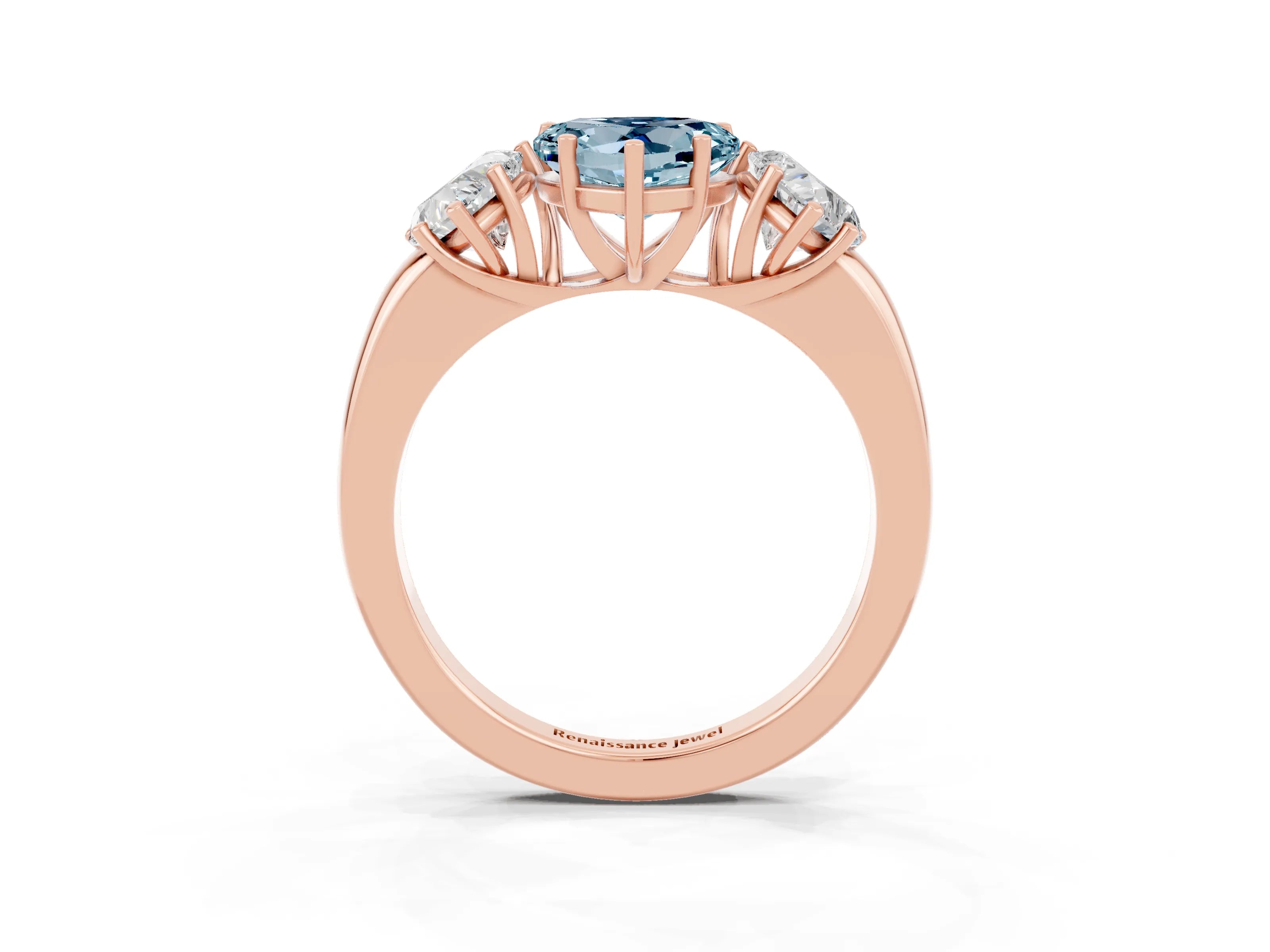 Rose gold Heart Cut Aquamarine Three-Stone Ring with Four-Prong Setting and Classic Band_3