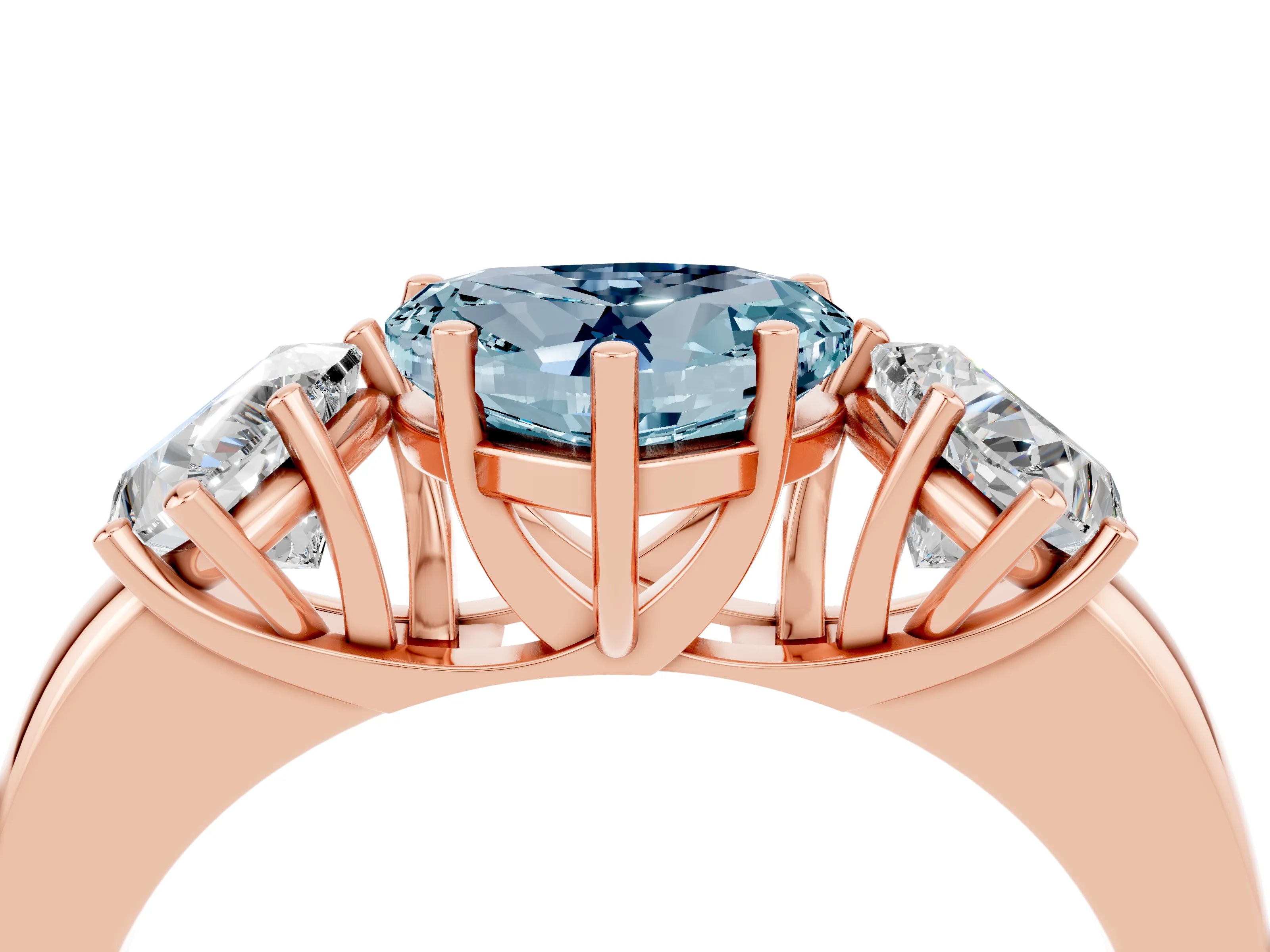 Rose gold Heart Cut Aquamarine Three-Stone Ring with Four-Prong Setting and Classic Band_4