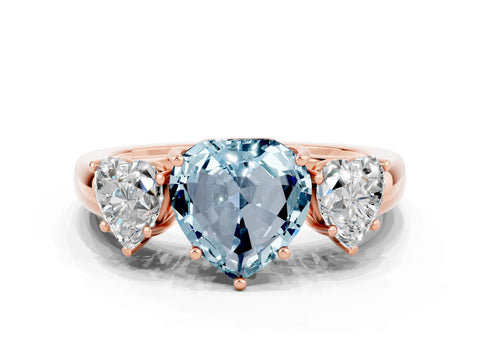 Rose gold Heart Cut Aquamarine Three-Stone Ring with Four-Prong Setting and Classic Band