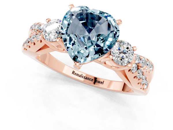 Rose gold Heart Cut Aquamarine Three-Stone Ring with Pavé Split Shank and Four-Prong Setting