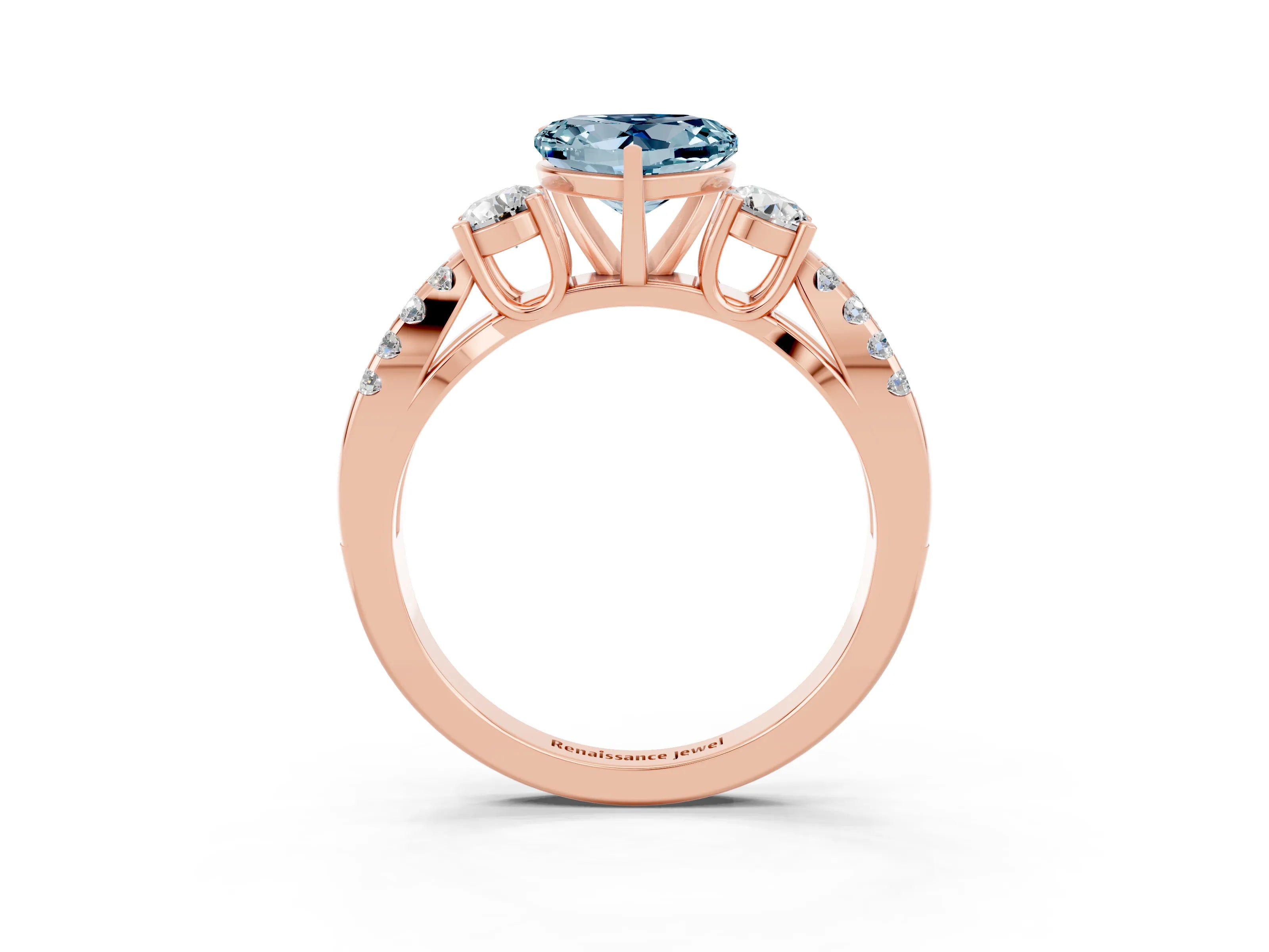 Rose gold Heart Cut Aquamarine Three-Stone Ring with Pavé Split Shank and Four-Prong Setting_3