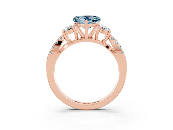 Rose gold Heart Cut Aquamarine Three-Stone Ring with Pavé Split Shank and Four-Prong Setting