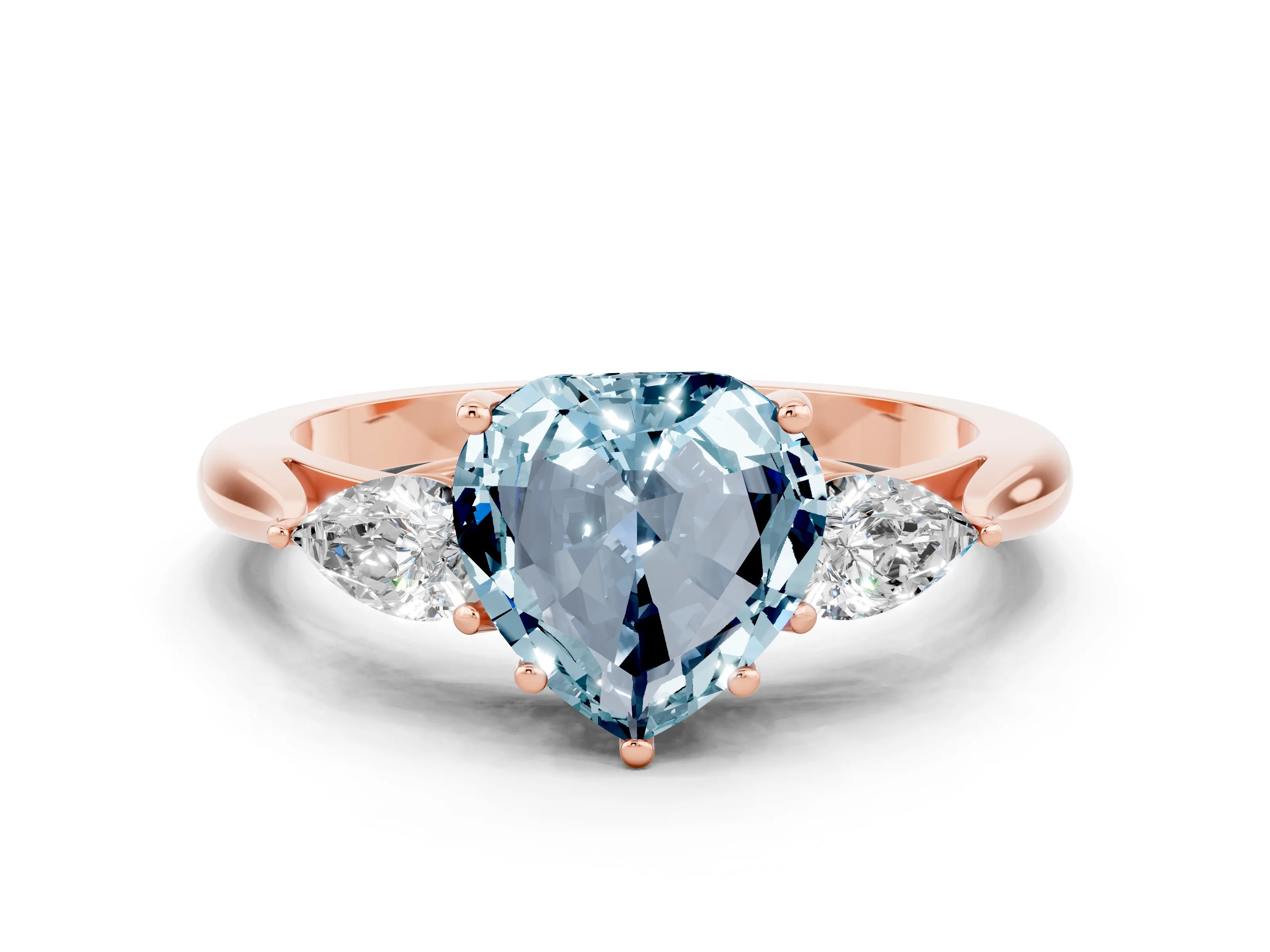 Rose gold Heart Cut Aquamarine Three-Stone Ring with Pear Side Stones and Four-Prong Setting_12