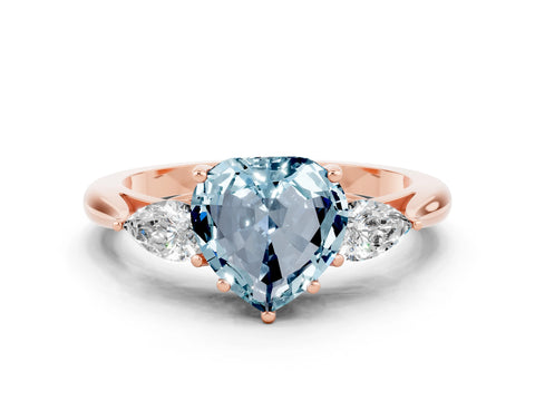 Rose gold Heart Cut Aquamarine Three-Stone Ring with Pear Side Stones and Four-Prong Setting_12