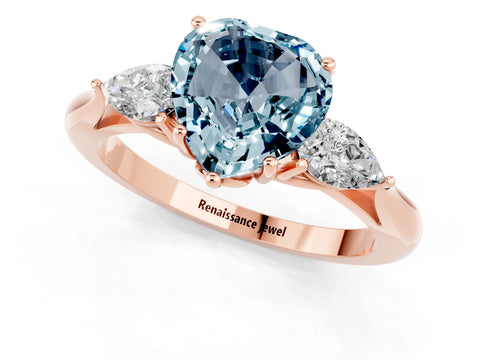 Rose gold Heart Cut Aquamarine Three-Stone Ring with Pear Side Stones and Four-Prong Setting_13