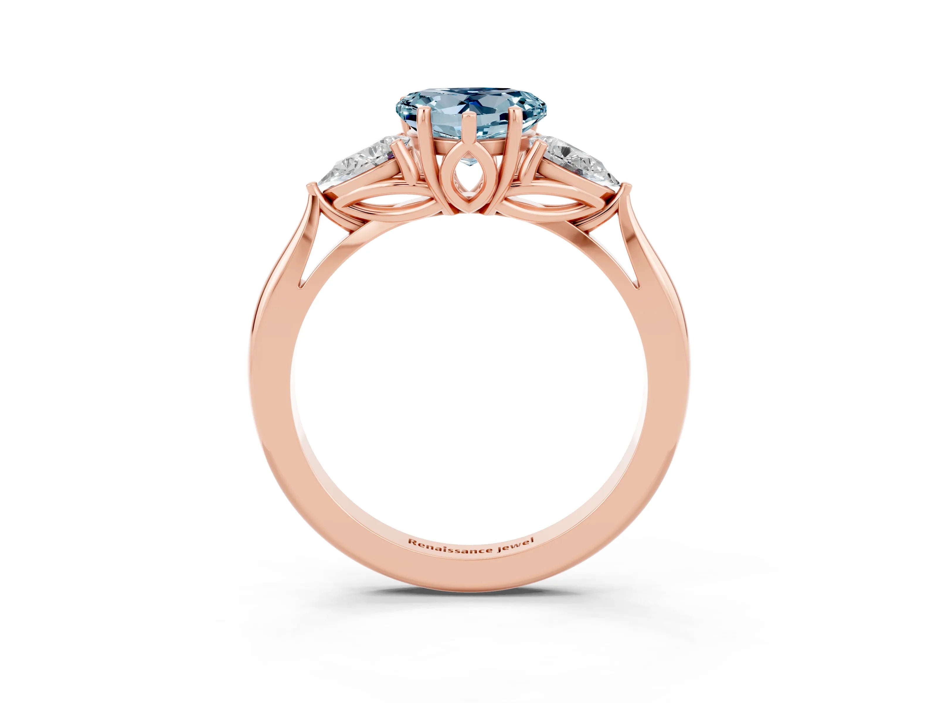 Rose gold Heart Cut Aquamarine Three-Stone Ring with Pear Side Stones and Four-Prong Setting_15