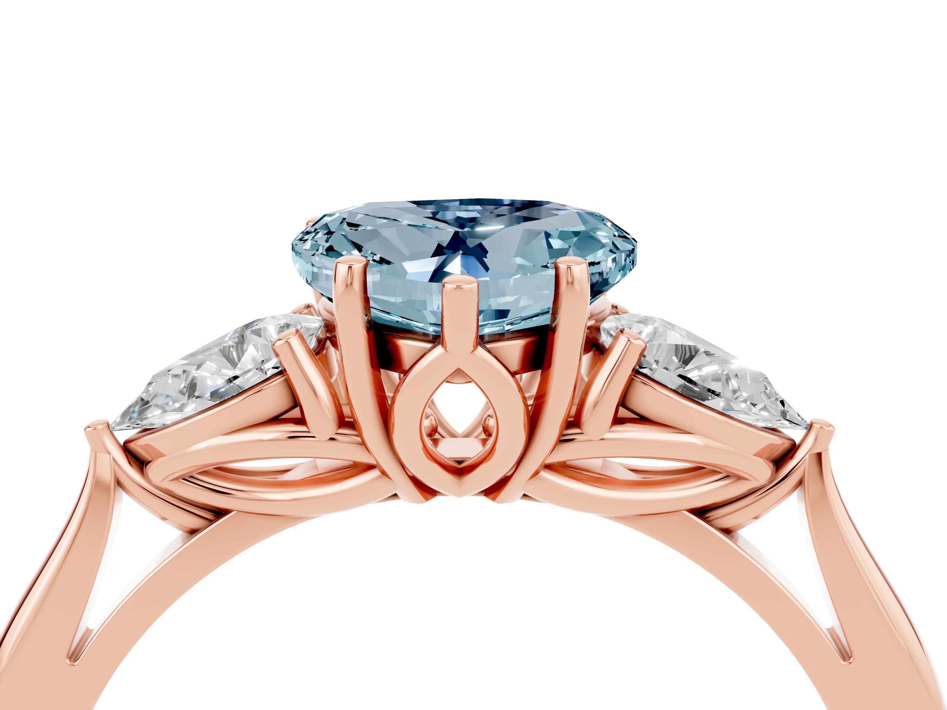 Rose gold Heart Cut Aquamarine Three-Stone Ring with Pear Side Stones and Four-Prong Setting_16