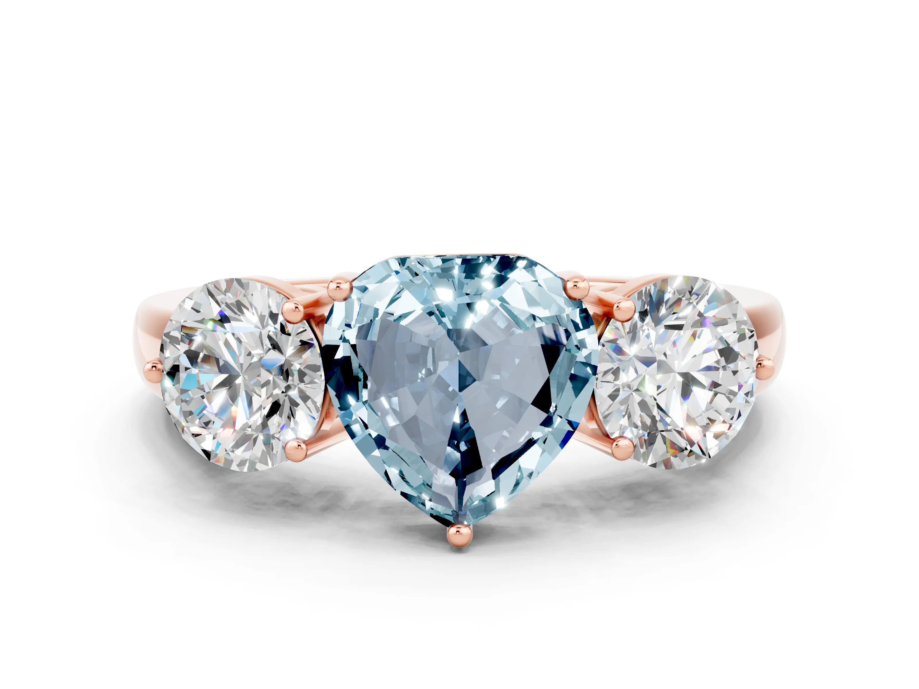 Rose gold Heart Cut Aquamarine Three-Stone Ring with Prong Setting and Classic Band