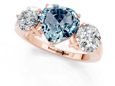 Rose gold Heart Cut Aquamarine Three-Stone Ring with Prong Setting and Classic Band_1