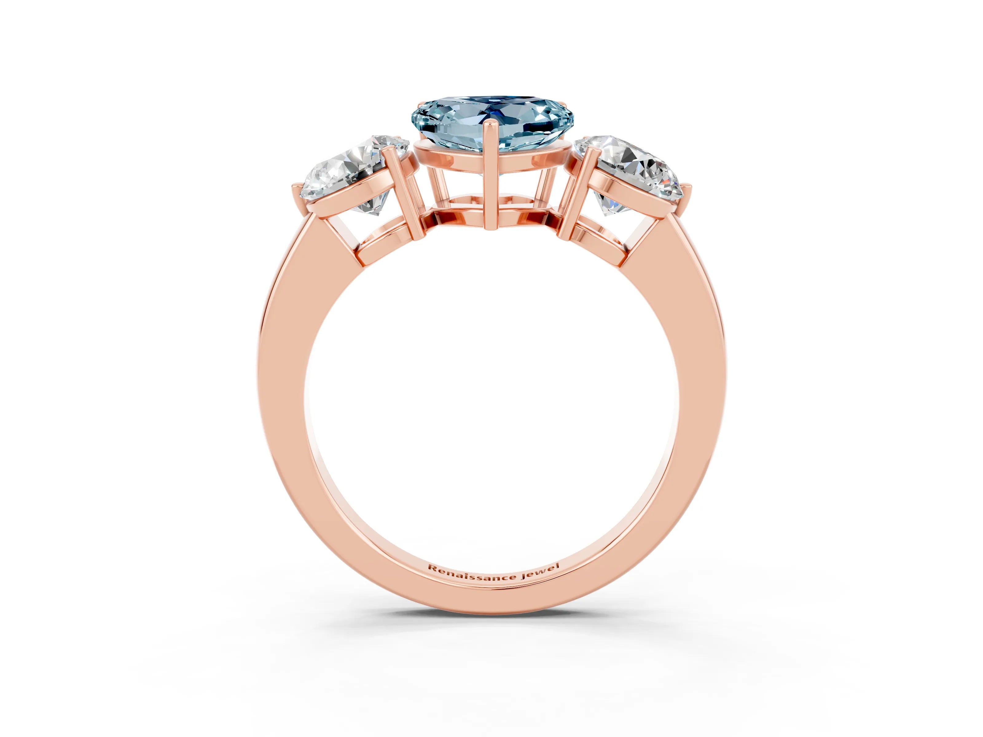 Rose gold Heart Cut Aquamarine Three-Stone Ring with Prong Setting and Classic Band_3