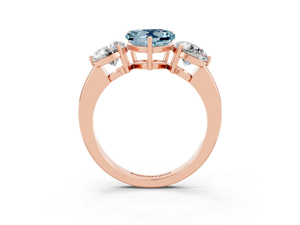 Rose gold Heart Cut Aquamarine Three-Stone Ring with Prong Setting and Classic Band