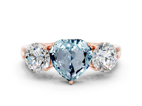 Rose gold Heart Cut Aquamarine Three-Stone Ring with Prong Setting and Classic Band