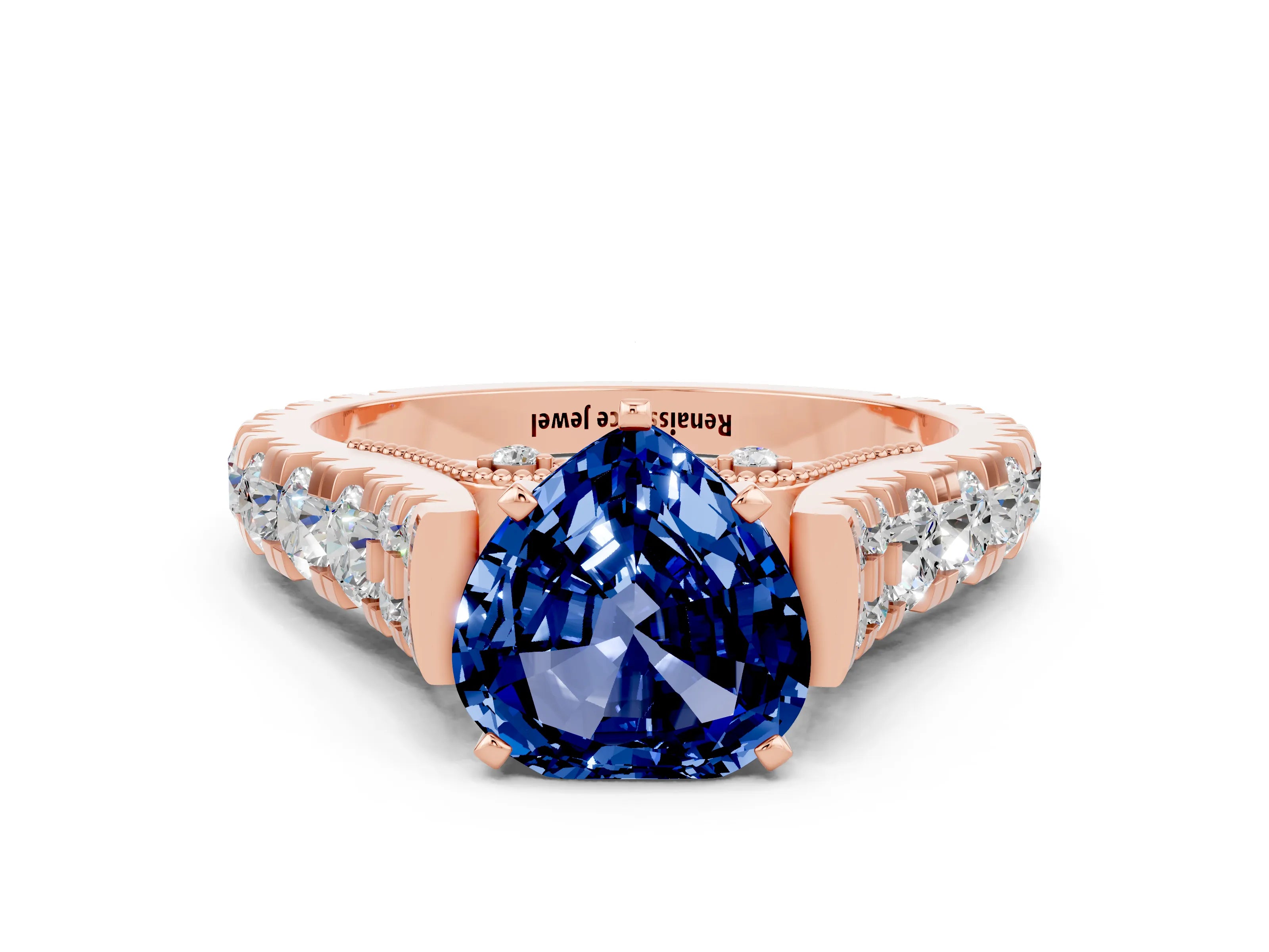 Rose gold Heart Cut Blue Sapphire Classic Solitaire Ring with Pavé Band and Four-Prong Setting