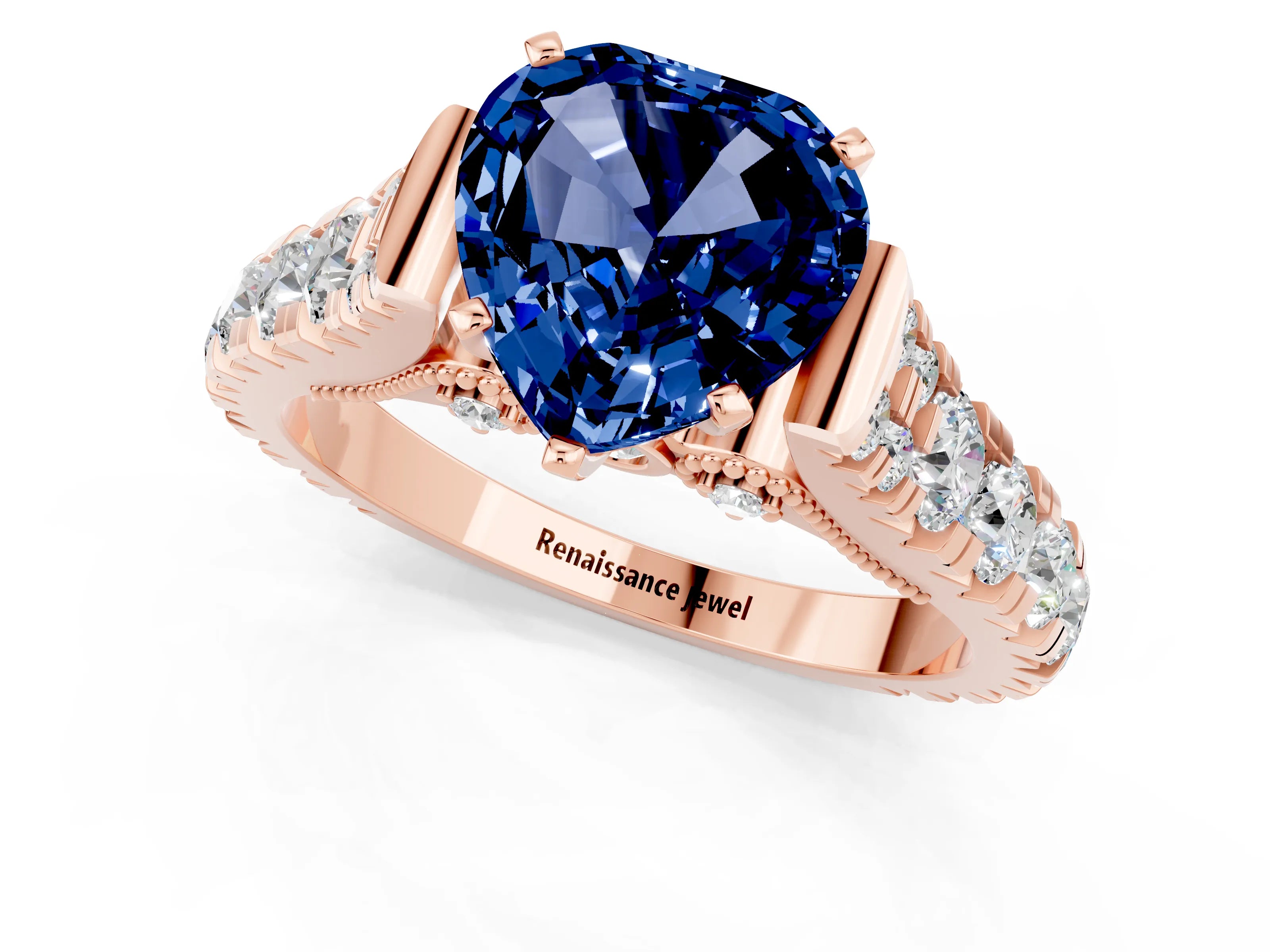 Rose gold Heart Cut Blue Sapphire Classic Solitaire Ring with Pavé Band and Four-Prong Setting_1
