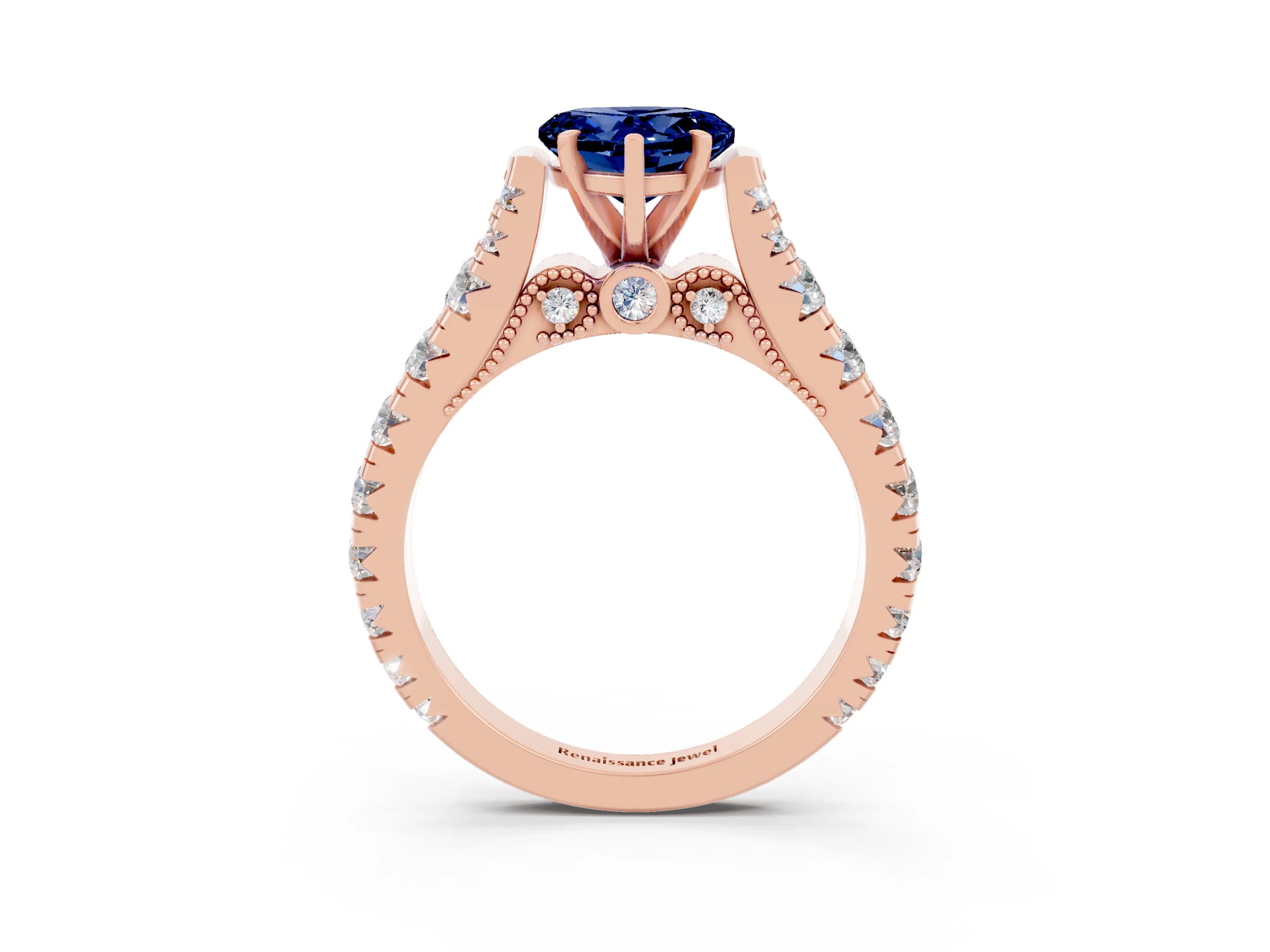 Rose gold Heart Cut Blue Sapphire Classic Solitaire Ring with Pavé Band and Four-Prong Setting_3